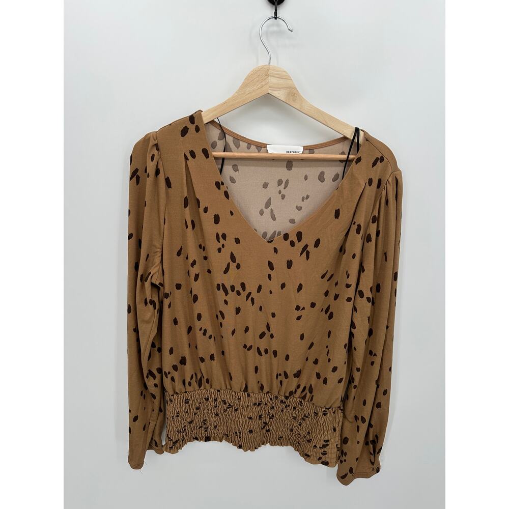 Heatherly Top Women XL Brown Black Polka Dot Cinch Waist Stretch‎ Blouse V Neck